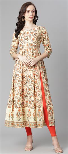 Casual Beige and Brown color Tunic with Bottom in Cotton fabric with Slits Floral, Printed work : 1839719