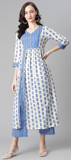 Casual Blue color Tunic with Bottom in Cotton fabric with Palazzo Printed work : 1839732