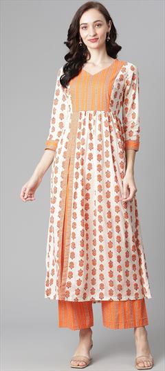 Casual Orange color Tunic with Bottom in Cotton fabric with Palazzo Printed work : 1839733