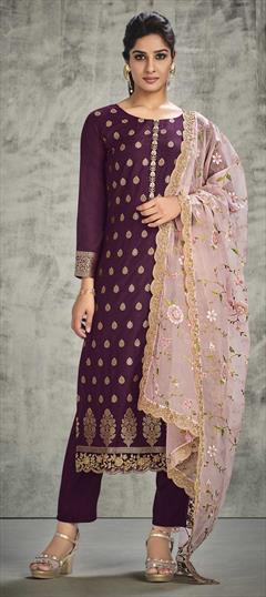 Festive, Party Wear Purple and Violet color Salwar Kameez in Jacquard fabric with Straight Embroidered, Sequence, Thread work : 1839856