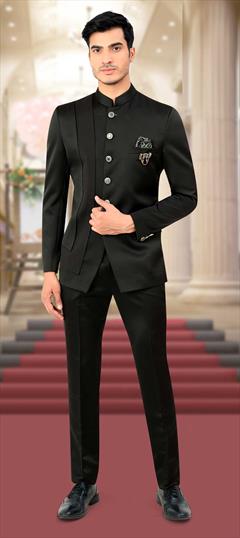 Black and Grey color Jodhpuri Suit in Satin Silk fabric with Broches work : 1839860