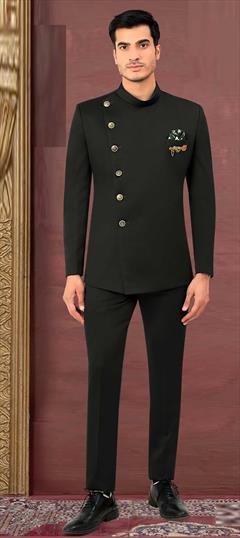 Black and Grey color Jodhpuri Suit in Rayon fabric with Border work : 1839863