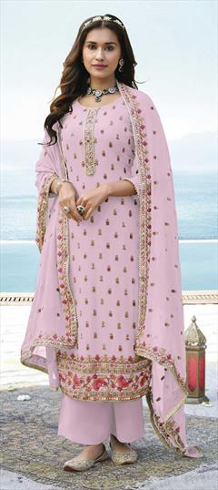 Festive, Reception Pink and Majenta color Salwar Kameez in Faux Georgette fabric with Palazzo Embroidered, Resham, Sequence, Thread work : 1840017
