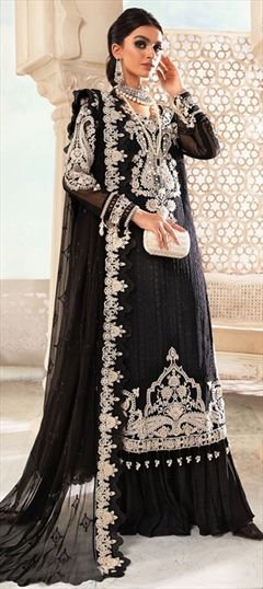 Festive, Party Wear Black and Grey color Salwar Kameez in Georgette fabric with Palazzo Embroidered, Thread, Zari work : 1840175