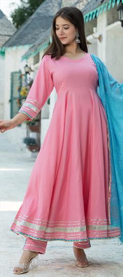 Designer, Festive, Reception Pink and Majenta color Salwar Kameez in Rayon fabric with Anarkali Gota Patti work : 1840178