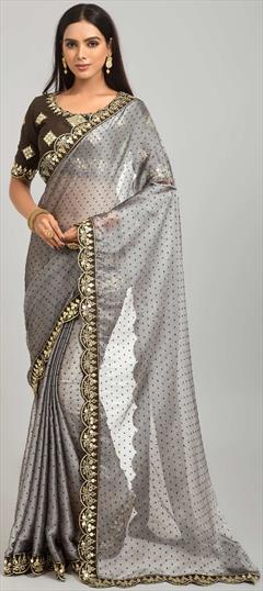 Party Wear Black and Grey color Saree in Brasso fabric with Classic Embroidered, Sequence, Thread work : 1840245