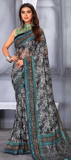 Reception, Traditional Black and Grey color Saree in Net fabric with Classic Digital Print, Embroidered, Floral, Sequence work : 1840468