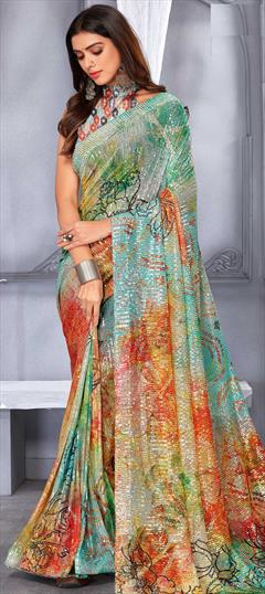 Reception, Wedding Multicolor color Saree in Net fabric with Classic Digital Print, Embroidered, Floral, Sequence work : 1840472