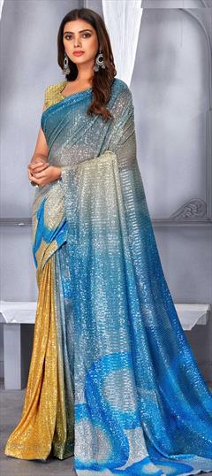Reception, Wedding Blue, Gold color Saree in Net fabric with Classic Digital Print, Embroidered, Sequence work : 1840478