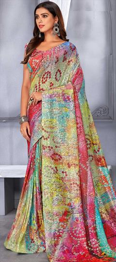 Reception, Wedding Multicolor color Saree in Net fabric with Classic Digital Print, Embroidered, Sequence work : 1840485