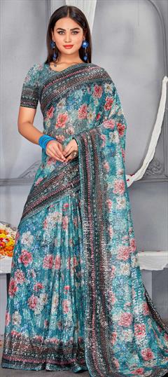 Reception, Wedding Blue color Saree in Net fabric with Classic Digital Print, Embroidered, Floral, Sequence work : 1840489