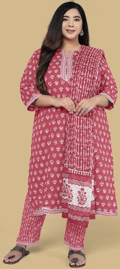 Casual Pink and Majenta color Salwar Kameez in Cotton fabric with Straight Printed work : 1840689