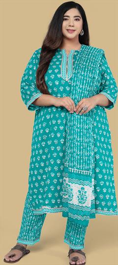 Casual Blue color Salwar Kameez in Cotton fabric with Straight Printed work : 1840695