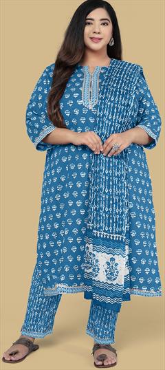 Casual Blue color Salwar Kameez in Cotton fabric with Straight Printed work : 1840700