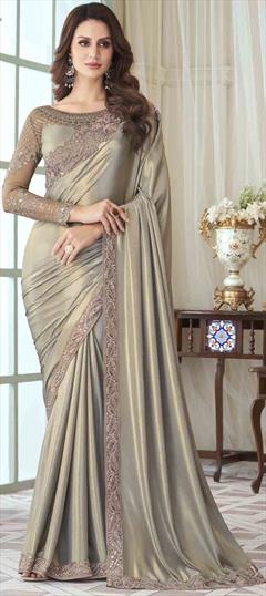 Traditional, Wedding Black and Grey color Saree in Art Silk, Silk fabric with South Embroidered, Sequence, Thread work : 1840701