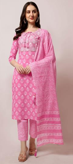 Casual Pink and Majenta color Salwar Kameez in Cotton fabric with Straight Printed, Sequence, Thread work : 1840751
