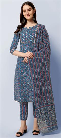 Casual Blue color Salwar Kameez in Cotton fabric with Straight Printed, Sequence, Thread work : 1840755