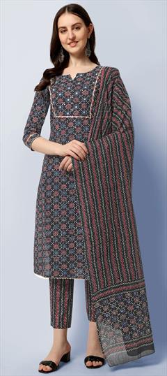 Casual Black and Grey color Salwar Kameez in Cotton fabric with Straight Printed, Sequence, Thread work : 1840757