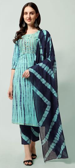 Casual Blue color Salwar Kameez in Cotton fabric with Straight Printed, Sequence, Thread, Tye n Dye work : 1840761