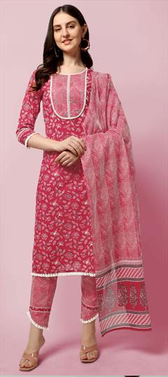 Casual Multicolor color Salwar Kameez in Cotton fabric with Straight Floral, Lace, Printed work : 1840777