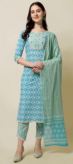 Casual Multicolor color Salwar Kameez in Cotton fabric with Straight Floral, Lace, Printed work : 1840781