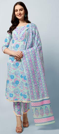 Casual Multicolor color Salwar Kameez in Cotton fabric with Straight Floral, Lace, Printed work : 1840784