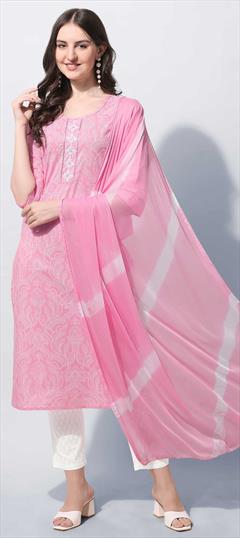 Casual Pink and Majenta color Salwar Kameez in Cotton fabric with Straight Printed work : 1840809