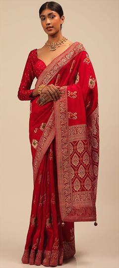 Traditional Red and Maroon color Saree in Banarasi Silk, Silk fabric with South Weaving work : 1841001