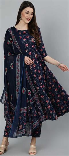 Party Wear Blue color Salwar Kameez in Cotton fabric with A Line Printed work : 1841054
