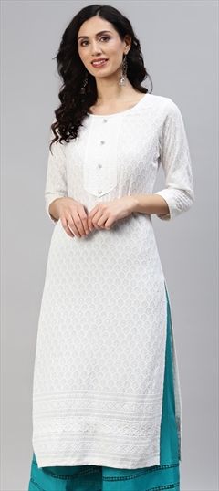 Party Wear White and Off White color Kurti in Cotton fabric with Straight Embroidered, Resham, Thread work : 1841069