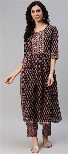 Casual Beige and Brown color Tunic with Bottom in Cotton fabric with Bugle Beads, Printed, Sequence work : 1841083