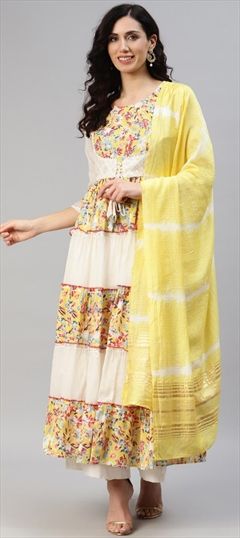 Festive, Party Wear White and Off White, Yellow color Kurti in Cotton fabric with Anarkali, Long Sleeve Embroidered, Gota Patti, Printed, Resham, Thread work : 1841132