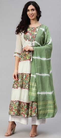 Festive, Party Wear Green, White and Off White color Kurti in Cotton fabric with Anarkali, Long Sleeve Embroidered, Gota Patti, Printed, Resham, Thread work : 1841135