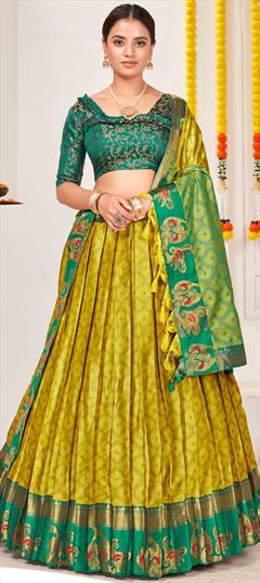Mehendi Sangeet, Reception Yellow color Lehenga in Jacquard fabric with A Line Weaving work : 1841145