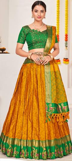 Mehendi Sangeet, Reception Yellow color Lehenga in Jacquard fabric with A Line Weaving work : 1841164