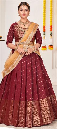 Mehendi Sangeet, Reception Red and Maroon color Lehenga in Jacquard fabric with A Line Weaving work : 1841184
