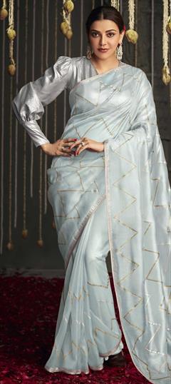 Traditional, Wedding Blue color Saree in Silk fabric with South Border, Embroidered, Stone, Thread, Zari work : 1841195