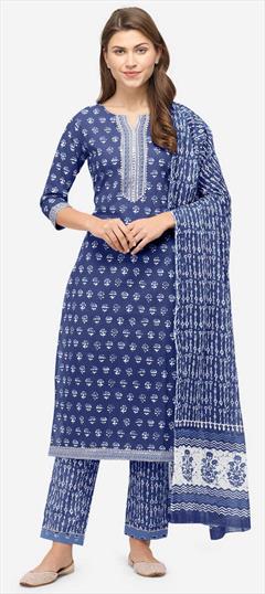 Casual Blue color Salwar Kameez in Cotton fabric with Straight Printed work : 1841247