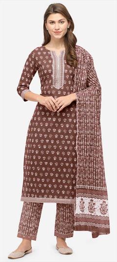 Casual Beige and Brown color Salwar Kameez in Cotton fabric with Straight Printed work : 1841249