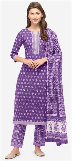 Casual Purple and Violet color Salwar Kameez in Cotton fabric with Straight Printed work : 1841250