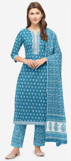 Casual Blue color Salwar Kameez in Cotton fabric with Straight Printed work : 1841251