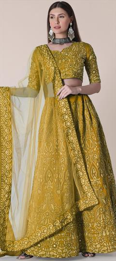 Engagement, Party Wear, Reception Yellow color Lehenga in Taffeta Silk fabric with A Line Embroidered, Stone, Thread work : 1841252