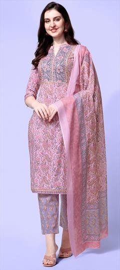 Casual Pink and Majenta color Salwar Kameez in Cotton fabric with Straight Printed work : 1841308