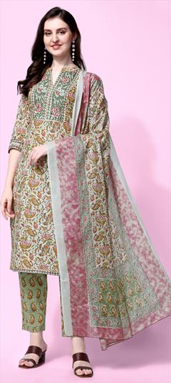 Casual Green color Salwar Kameez in Cotton fabric with Straight Printed work : 1841309