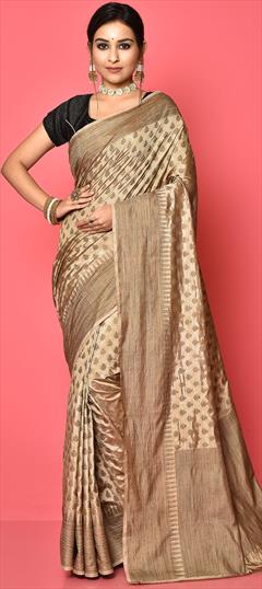 Traditional Beige and Brown color Saree in Dupion Silk, Silk fabric with South Weaving work : 1841311