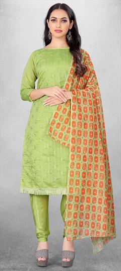 Casual Green color Salwar Kameez in Chanderi Silk fabric with Churidar, Straight Embroidered, Sequence, Thread work : 1841480