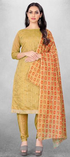 Casual Yellow color Salwar Kameez in Chanderi Silk fabric with Churidar, Straight Embroidered, Sequence, Thread work : 1841483