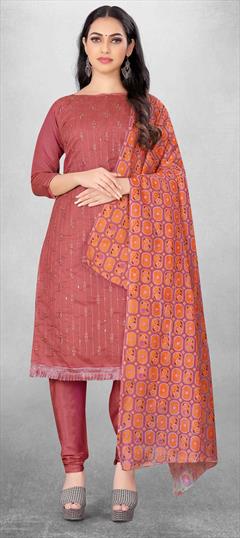 Casual Pink and Majenta color Salwar Kameez in Chanderi Silk fabric with Churidar, Straight Embroidered, Sequence, Thread work : 1841487