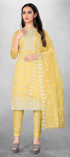 Casual Yellow color Salwar Kameez in Chanderi Silk fabric with Churidar, Straight Embroidered, Sequence, Thread work : 1841488