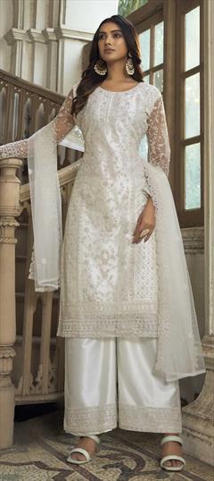 Festive, Reception White and Off White color Salwar Kameez in Net fabric with Palazzo Embroidered, Stone, Thread work : 1841514